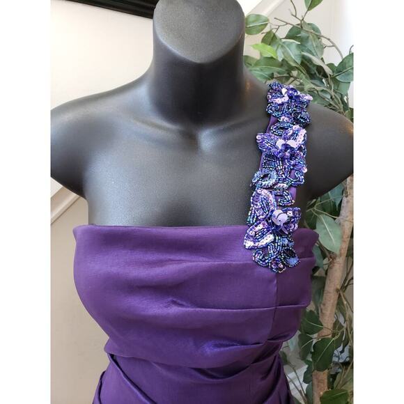 Blondie Cocktail Dress Womens Size 7 Purple Satin Beaded One Shoulder Back Zip - Picture 10 of 11